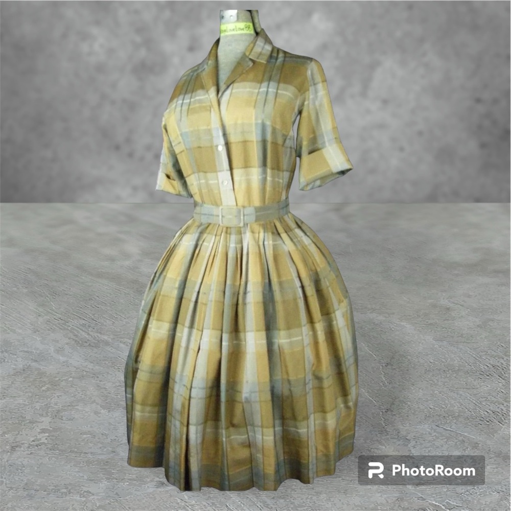 1950's Norman Waitt belted plaid shirt dress